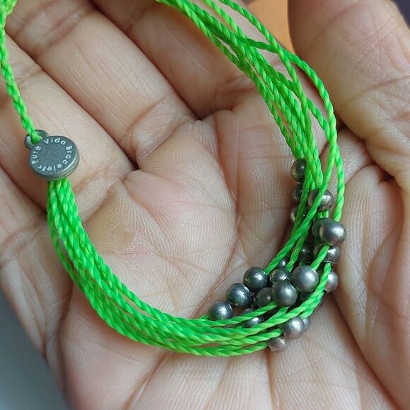 Pura Vida Green Multistrand Adjustable Cord Bracelet with Silver Tone Ball Beads - Picture 3 of 3